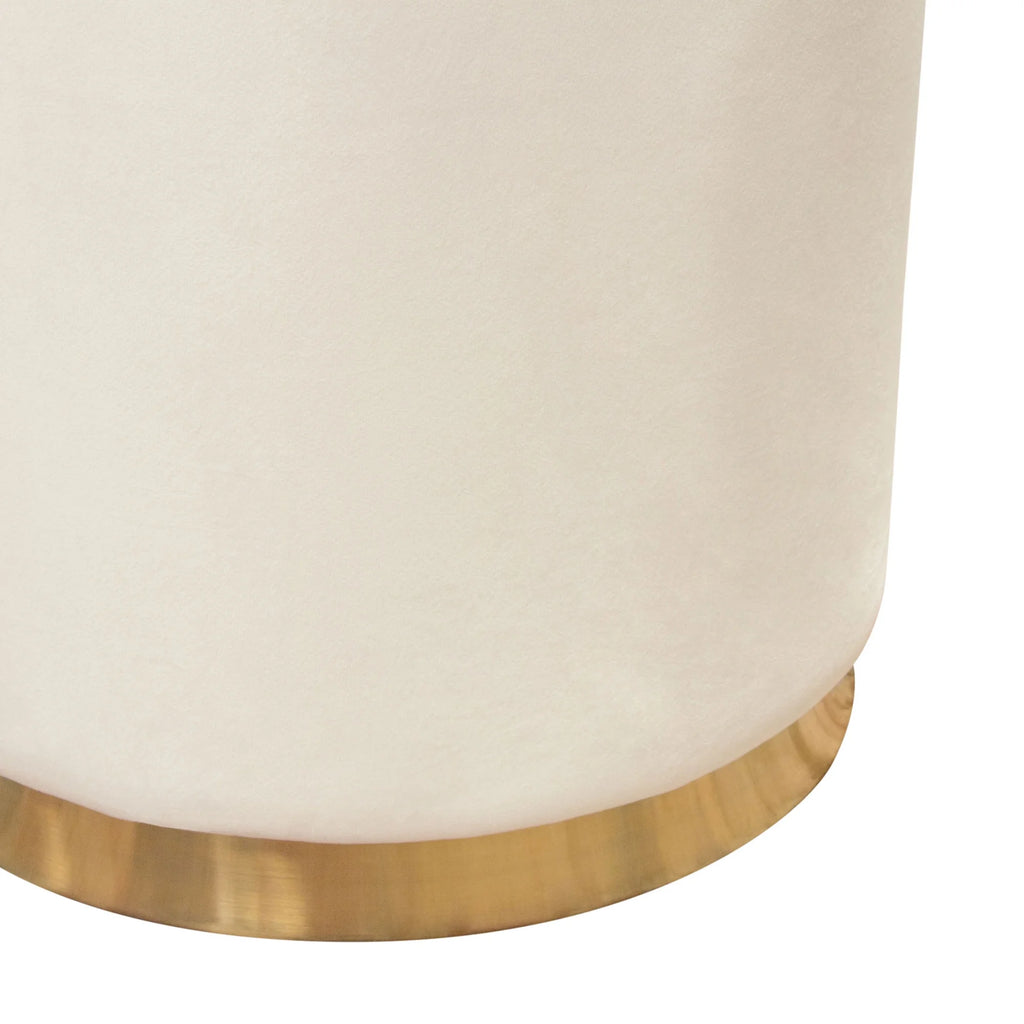 Cream Velvet Round Accent Ottoman with Gold Metal Band O1558