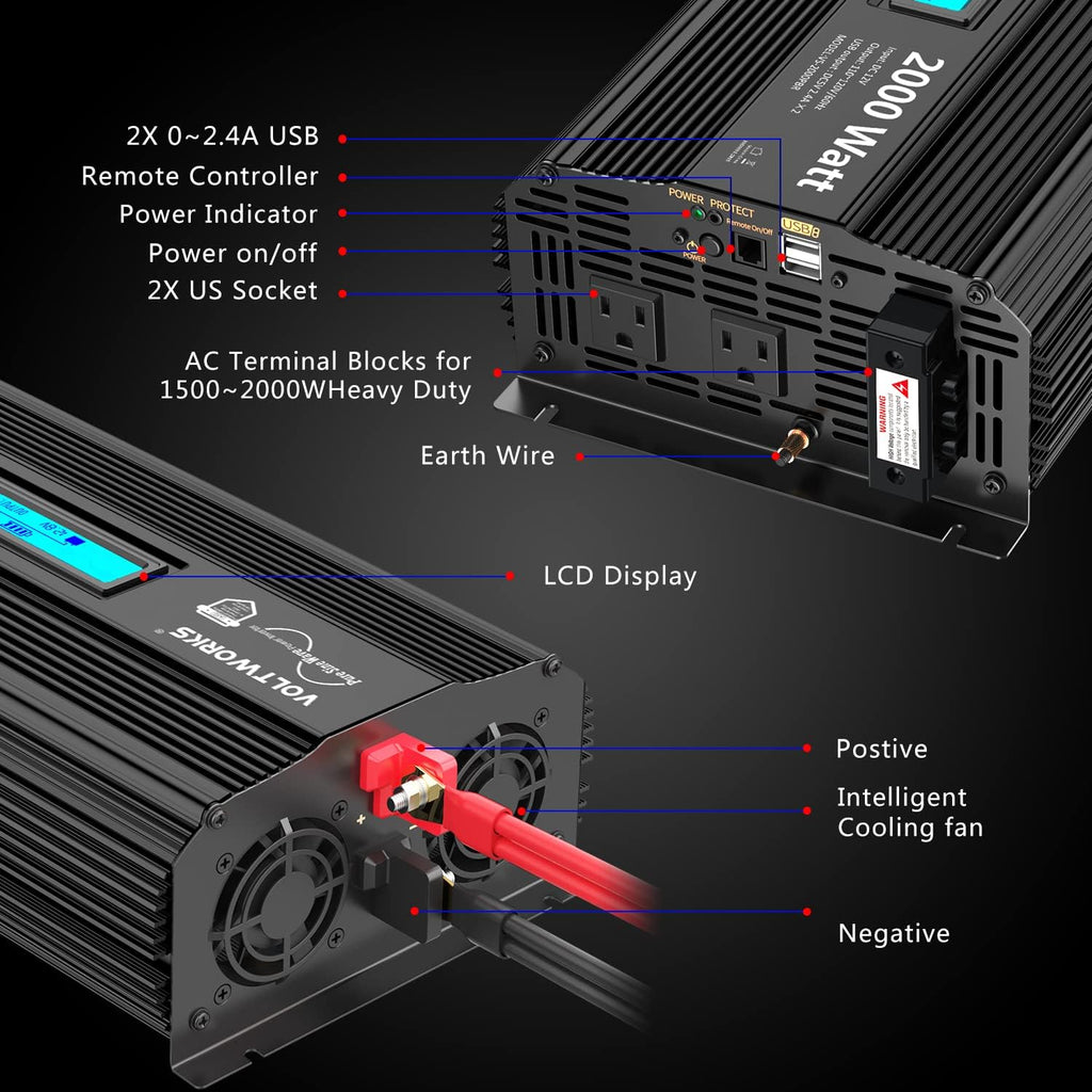2000Watt DC 12V to 120V AC Car Power Inverter with 2 AC Outlets and LCD Display B261