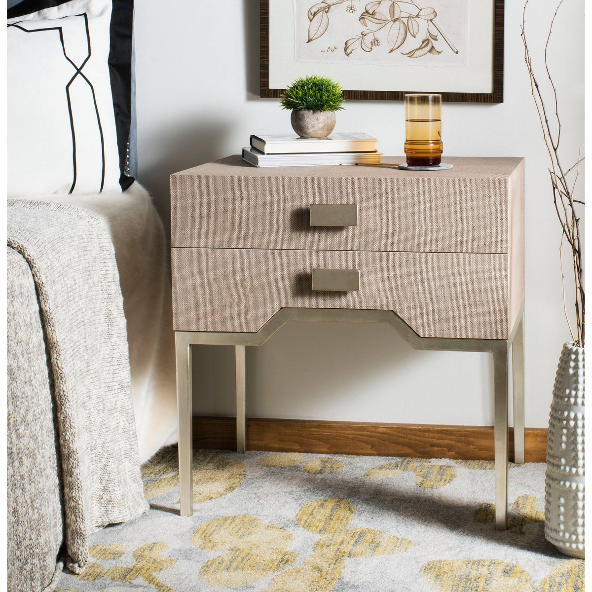 Beige/Silver 2 Drawer Faux Raffia Nightstand H740