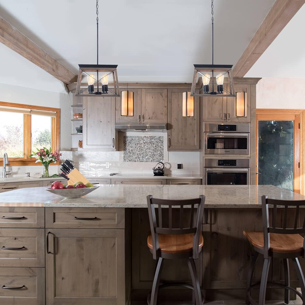 Wood Farmhouse Chandelier with Metal Cage 4 Lights Pendant Light V363005