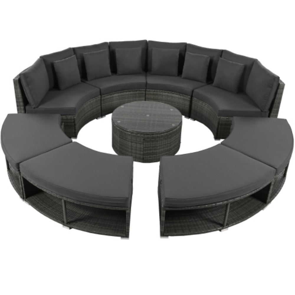 9-Piece Rattan Wicker Outdoor Sofa Set with Tempered Glass Coffee Table K795374