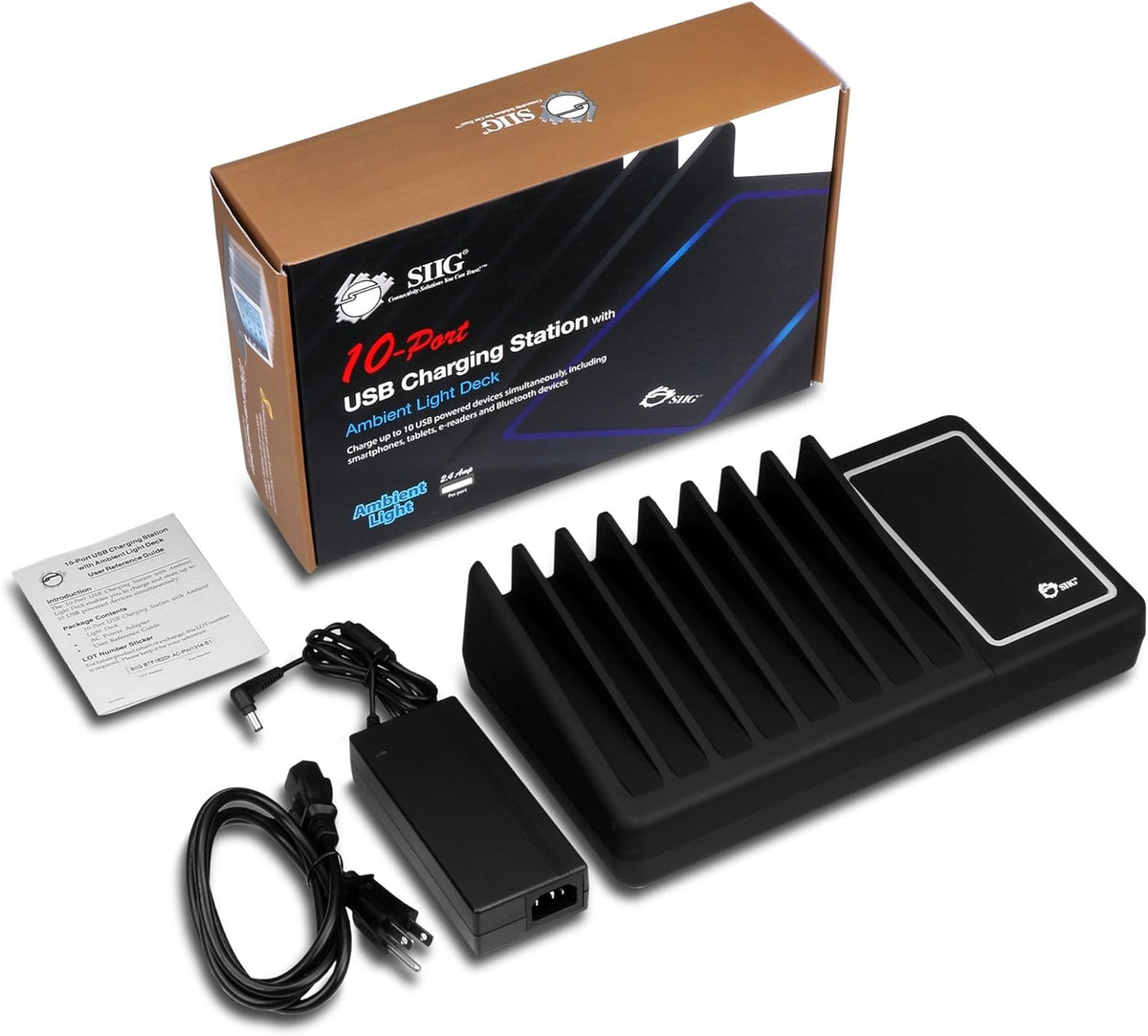 90W 10-Port USB Charging Station with Non-Slip Padded Deck and LED Ambient Light, Black, Pack of 2 L581