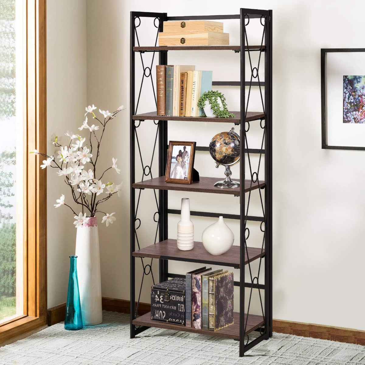 5 Tier Dark Brown Metal Frame Bookshelf X190895