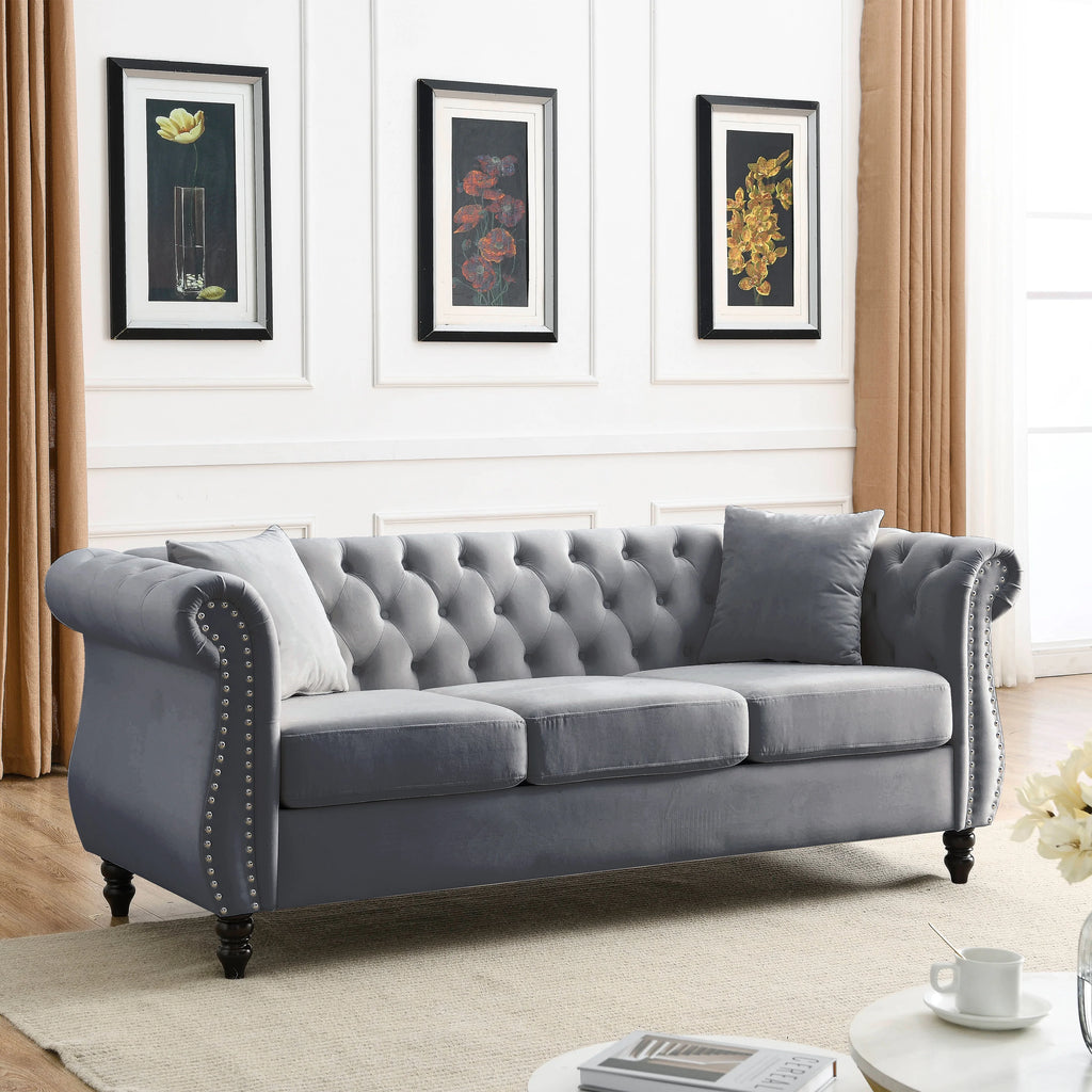 80" Chesterfield Sofa Grey Velvet 3 Seater Tufted Couch with Rolled Arms and Nailhead J15830