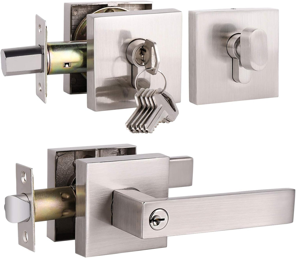 Pack of 6 Satin Nickel Square Door Handles Levers with Privacy Locks T233026