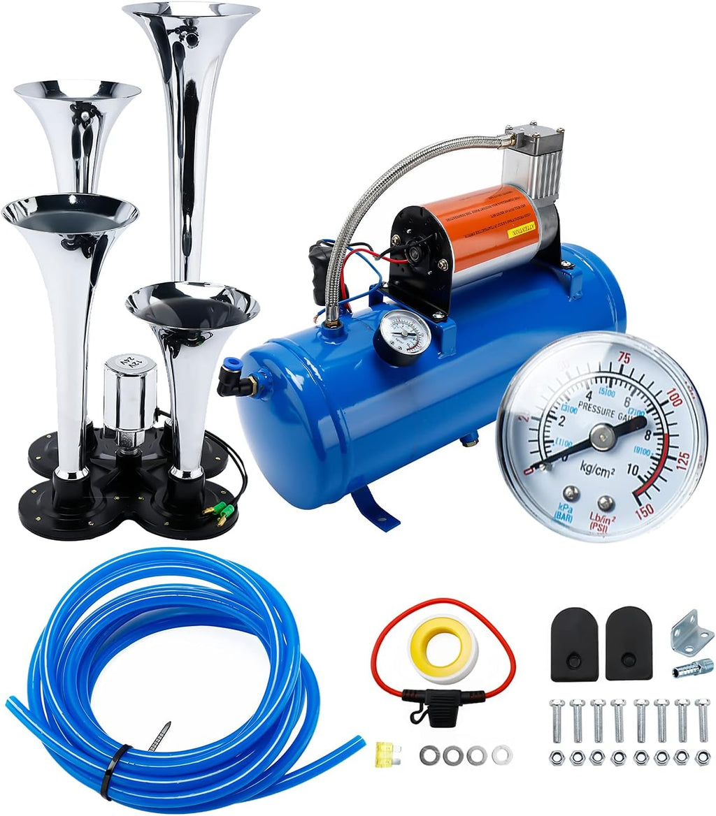 150DB Train Horns Kit with 120 PSI 12V Compressor and Gauge E361