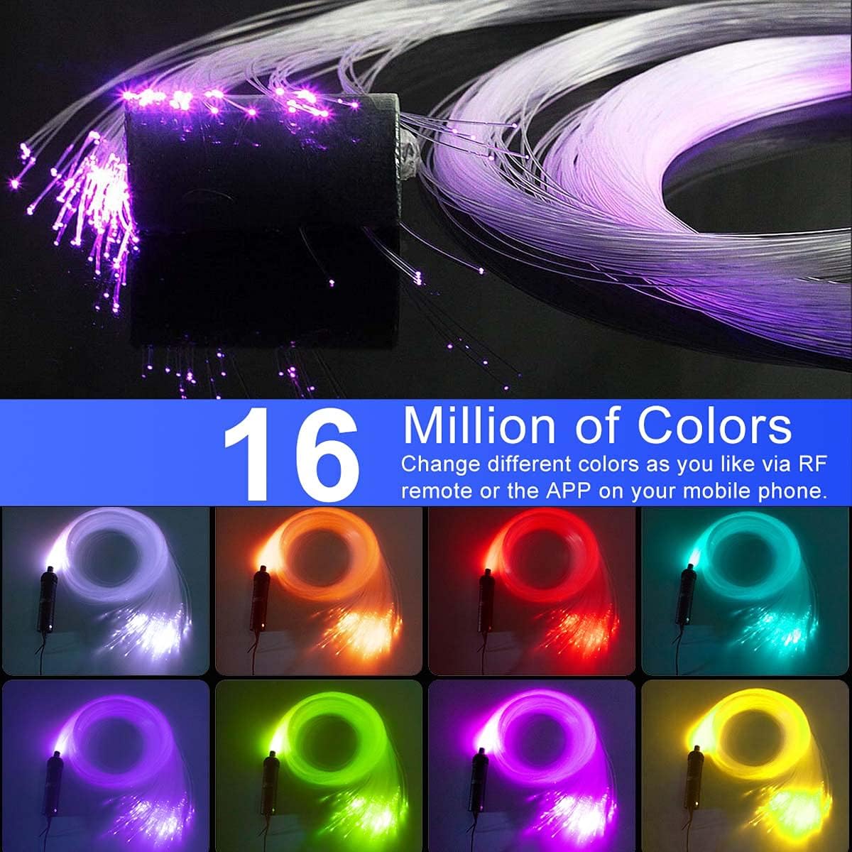 Car Use Bluetooth 6W RGB LED Fiber Optic Star Ceiling Light Kit APP Remote Controller 150pcs 0.03in 6.5ft Optic Cable Music Mode Sensory Lighting V380