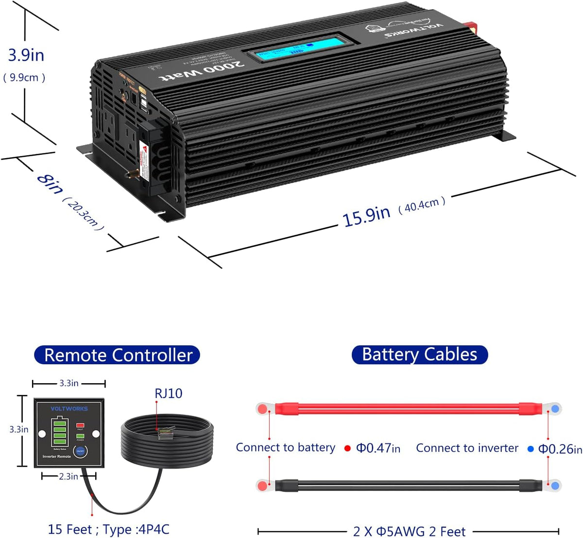 2000Watt DC 12V to 120V AC Car Power Inverter with 2 AC Outlets and LCD Display B261