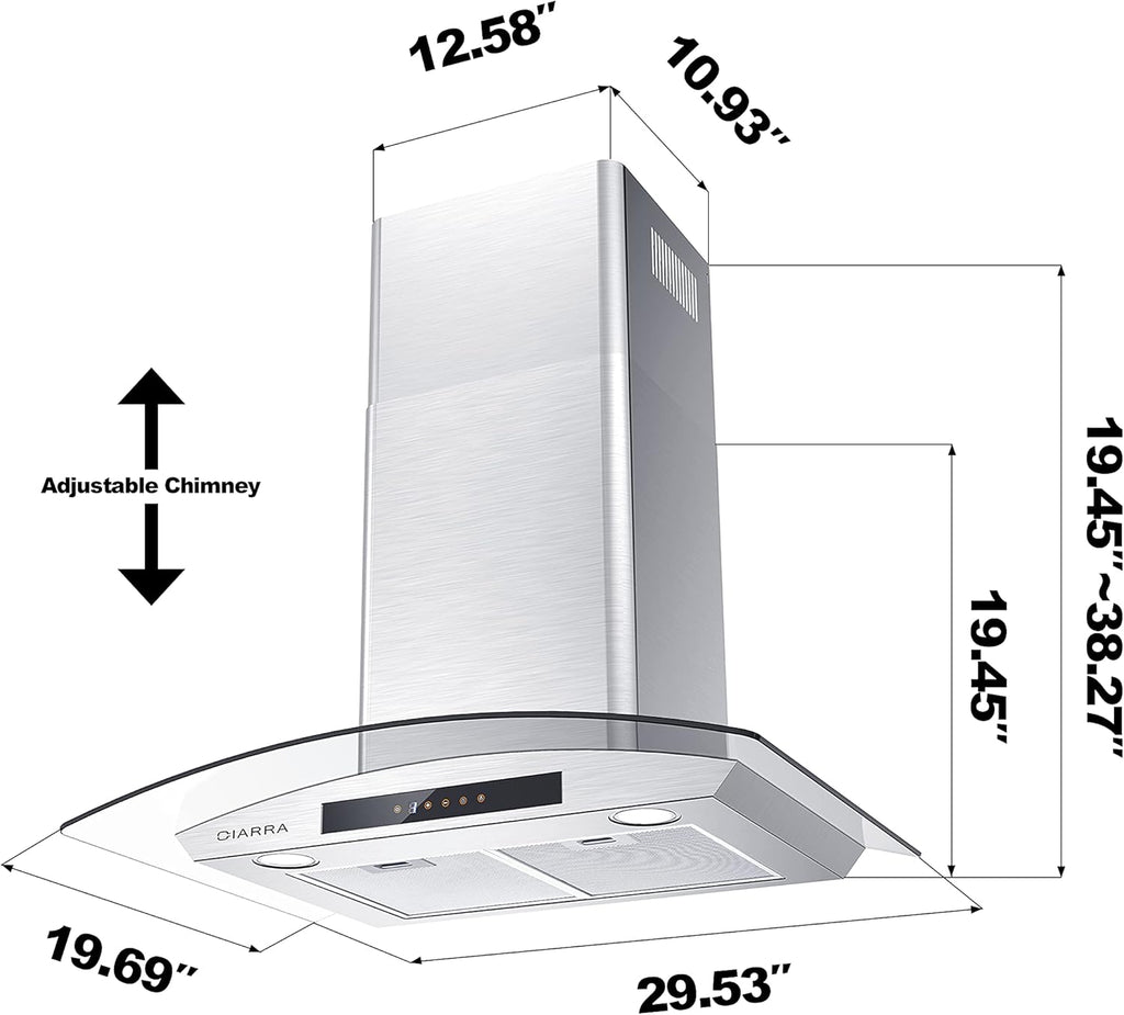 Wall Mount Range Hood 30 inch Stainless Steel Tempered Glass 3 Speed Fan Ductless Convertible F8157