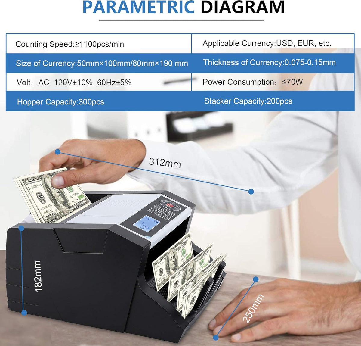Money Counter with UV/MG/MT/IR/DD Counterfeit Detection Cash Bill Counting Machine W4974
