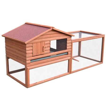 62 inch Outdoor Log Cabin Rabbit Cage Small Animal Hutch with Run and Ramp R61261