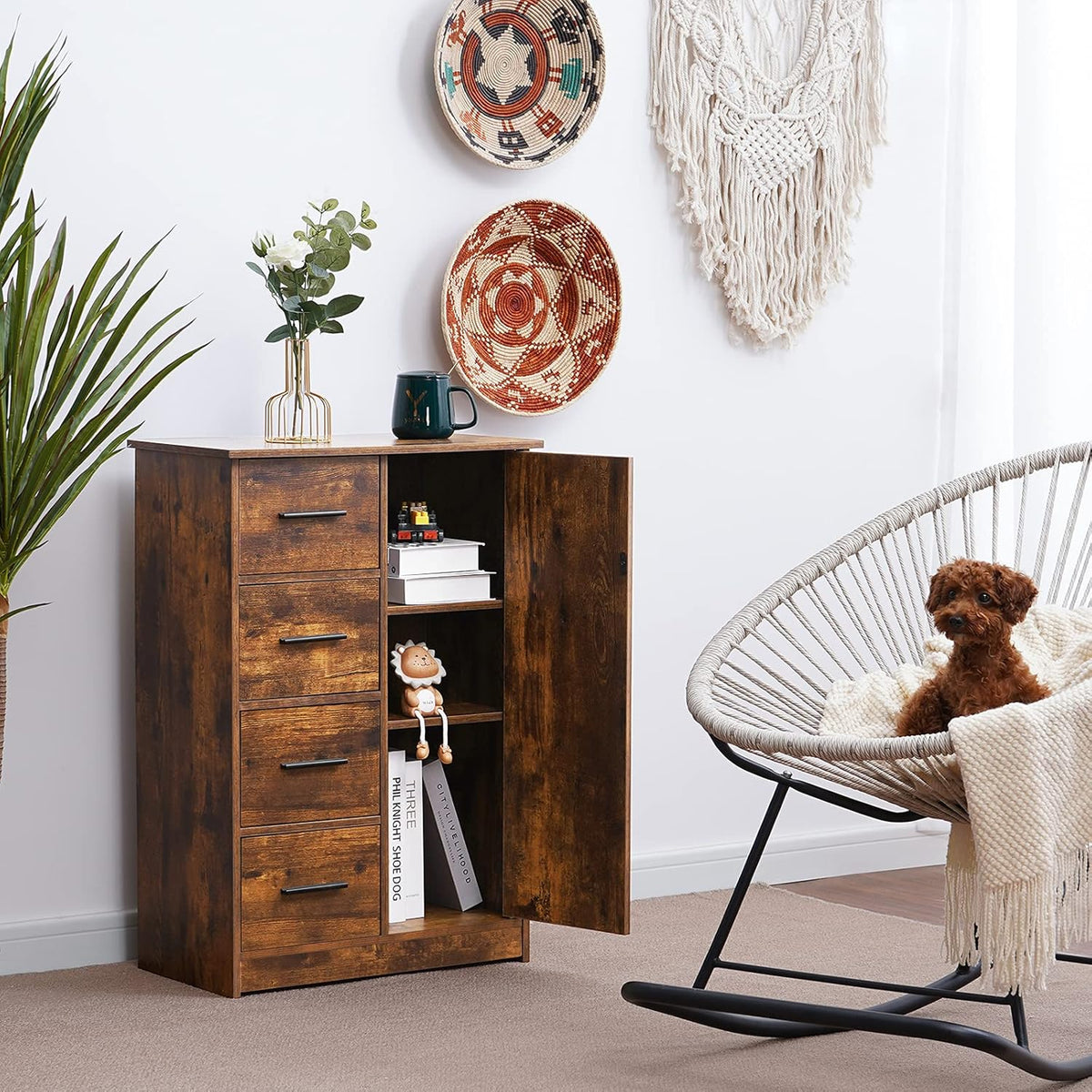 Rustic Brown Bathroom Storage Cabinet with 4 Drawers and Adjustable Shelf J8217