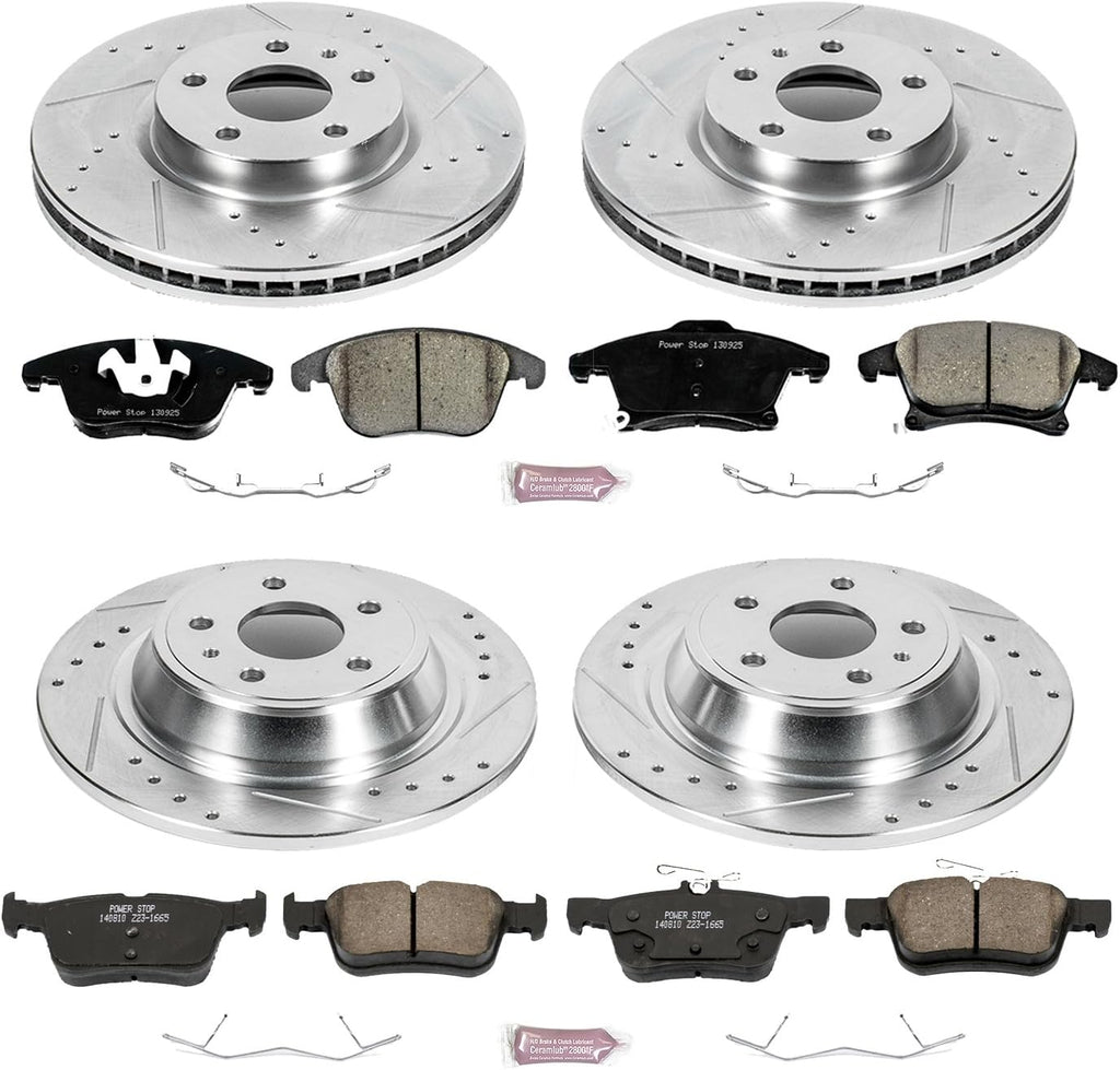 Front and Rear Carbon Fiber Brake Pads with Drilled & Slotted Brake Rotors Kit Z965492