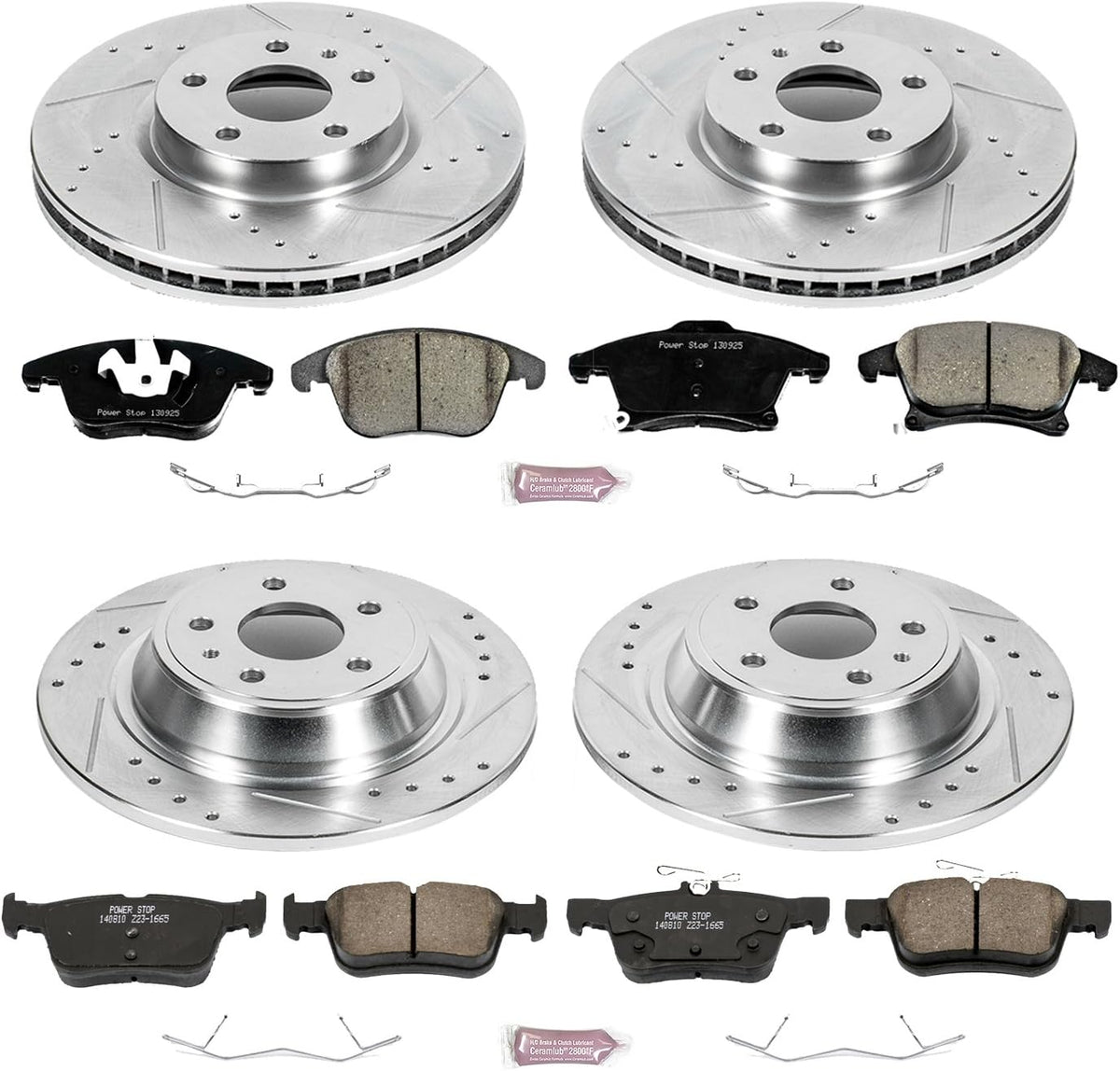 Front and Rear Carbon Fiber Brake Pads with Drilled & Slotted Brake Rotors Kit Z965492