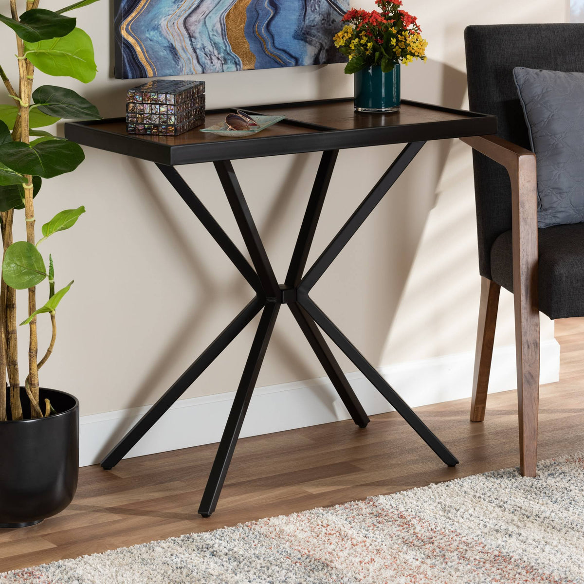 Walnut Finished Wood and Black Finished Metal Console Table A4458