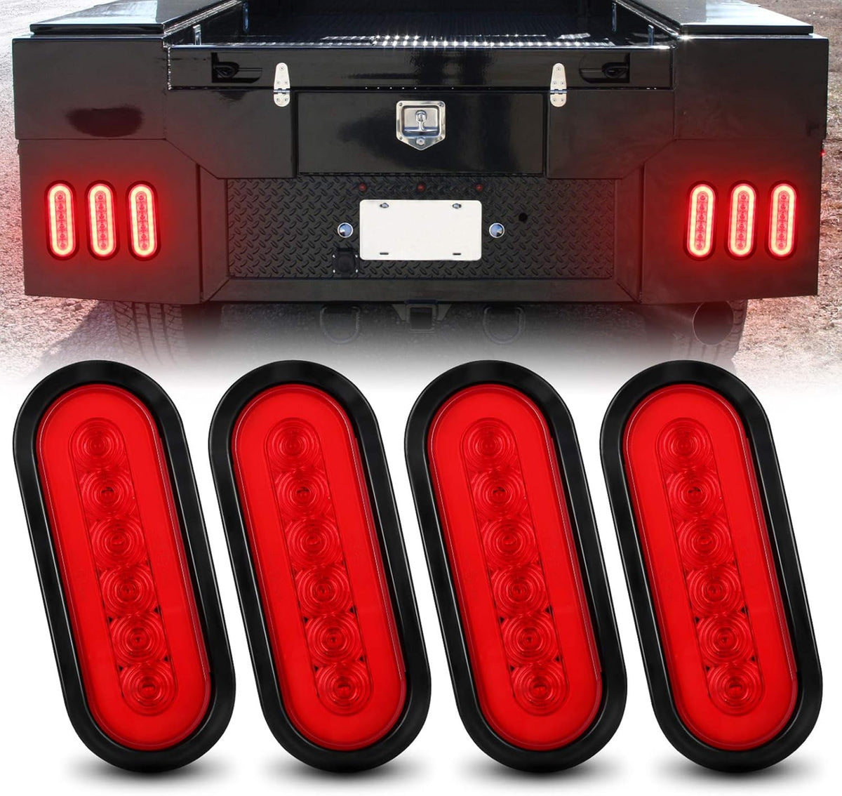 6" Oval Red LED Trailer Tail Lights 4PCS with Surface Mount Grommet H1881