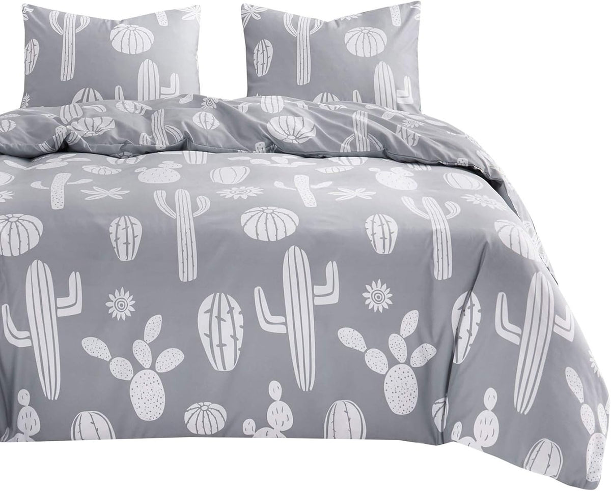 Cactus Comforter Set, White on Light Gray Grey, Microfiber Bedding, 3pcs Twin Size Q76255