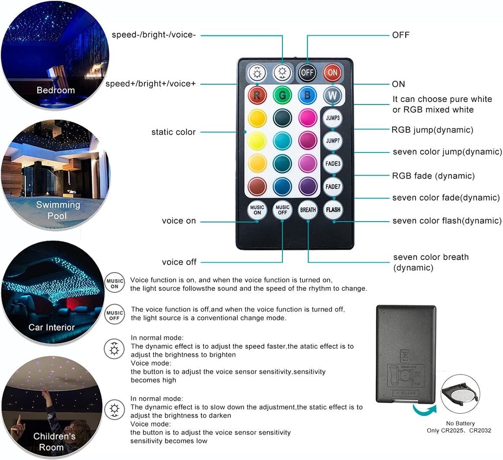 Car Use Bluetooth 6W RGB LED Fiber Optic Star Ceiling Light Kit APP Remote Controller 150pcs 0.03in 6.5ft Optic Cable Music Mode Sensory Lighting V380
