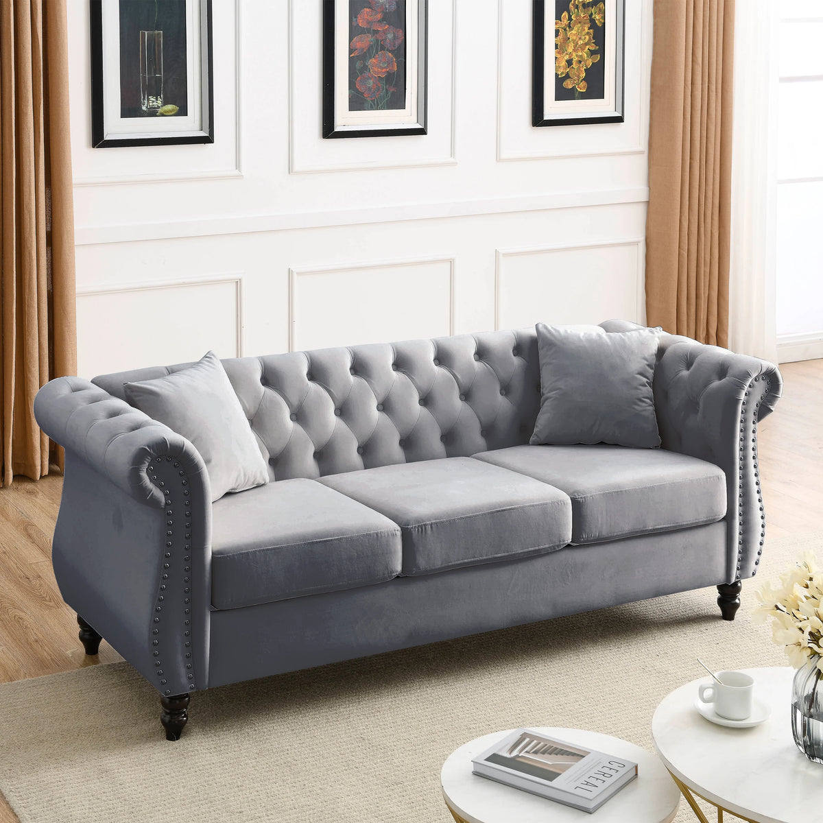 80" Chesterfield Sofa Grey Velvet 3 Seater Tufted Couch with Rolled Arms and Nailhead J15830