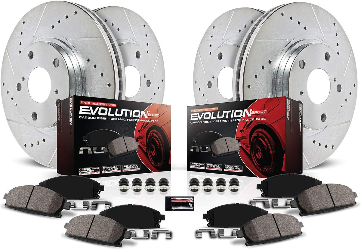 Front and Rear Carbon Fiber Brake Pads with Drilled & Slotted Brake Rotors Kit Z965492