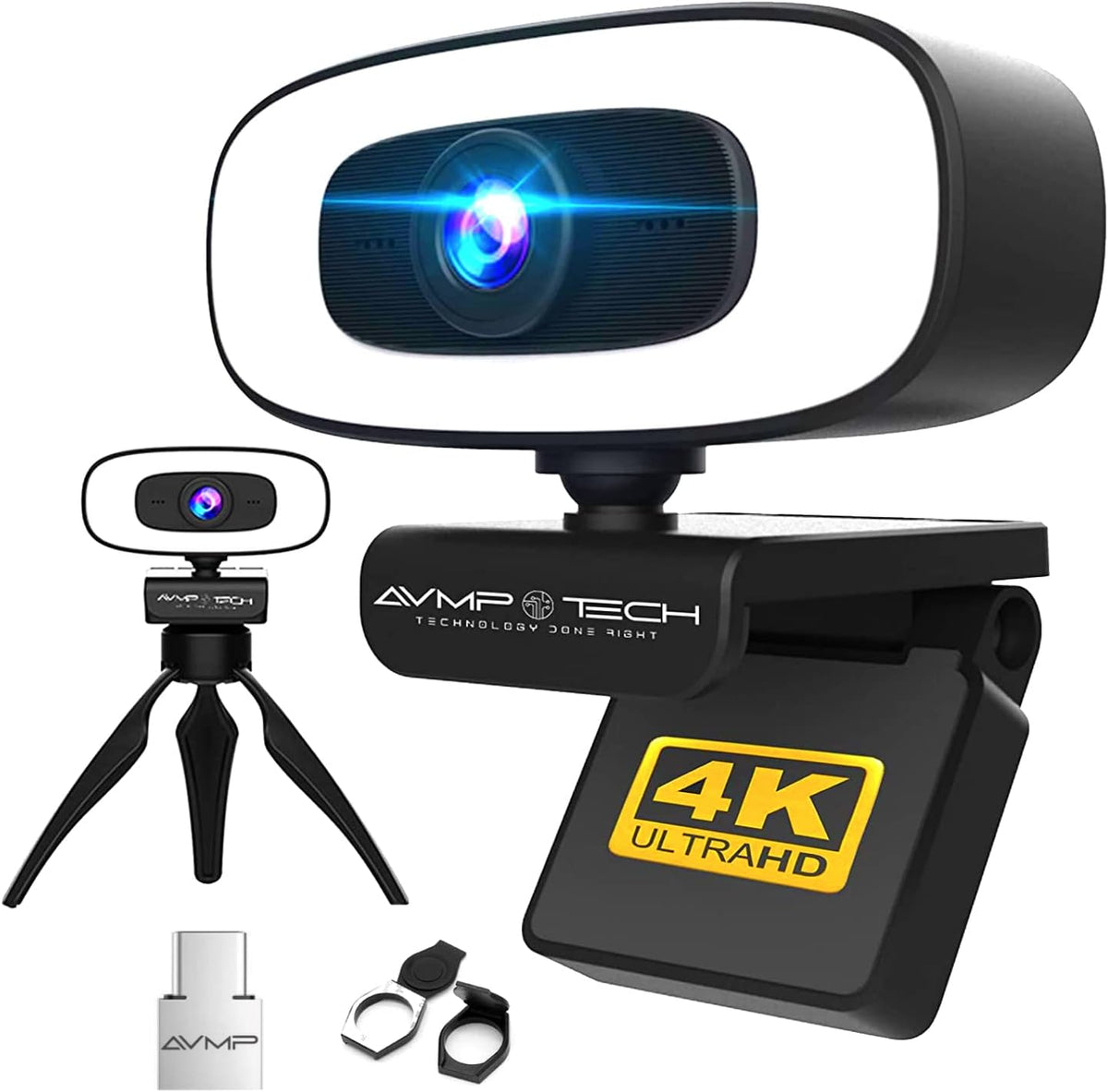 4K Webcam with Light Ultra HD 8MP Autofocus USB Web Cam with Microphone for Desktop Computer PC Streaming Camera + Tripod + USBC + Privacy Cover Pack of 2 N922