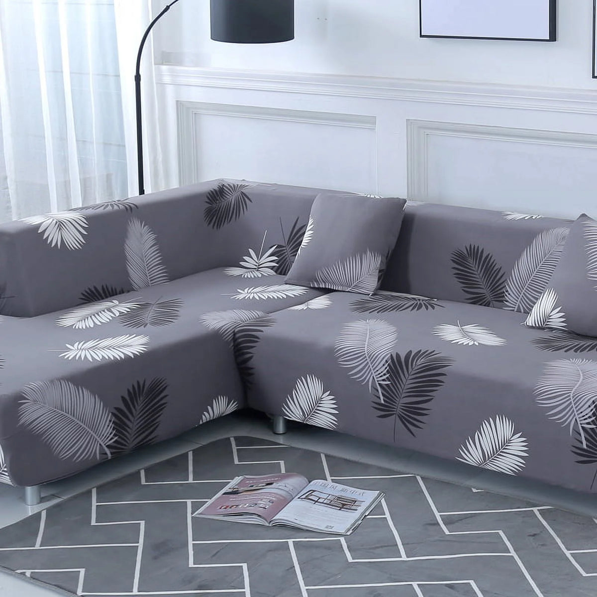 2 Piece L Shaped Sectional Couch Covers with 2pcs Pillowcases, Black, 3 Seater+4 Seater W914247