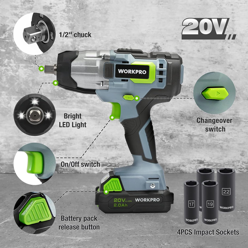 20V Cordless Impact Wrench with 4Pcs Drive Impact Sockets U37554