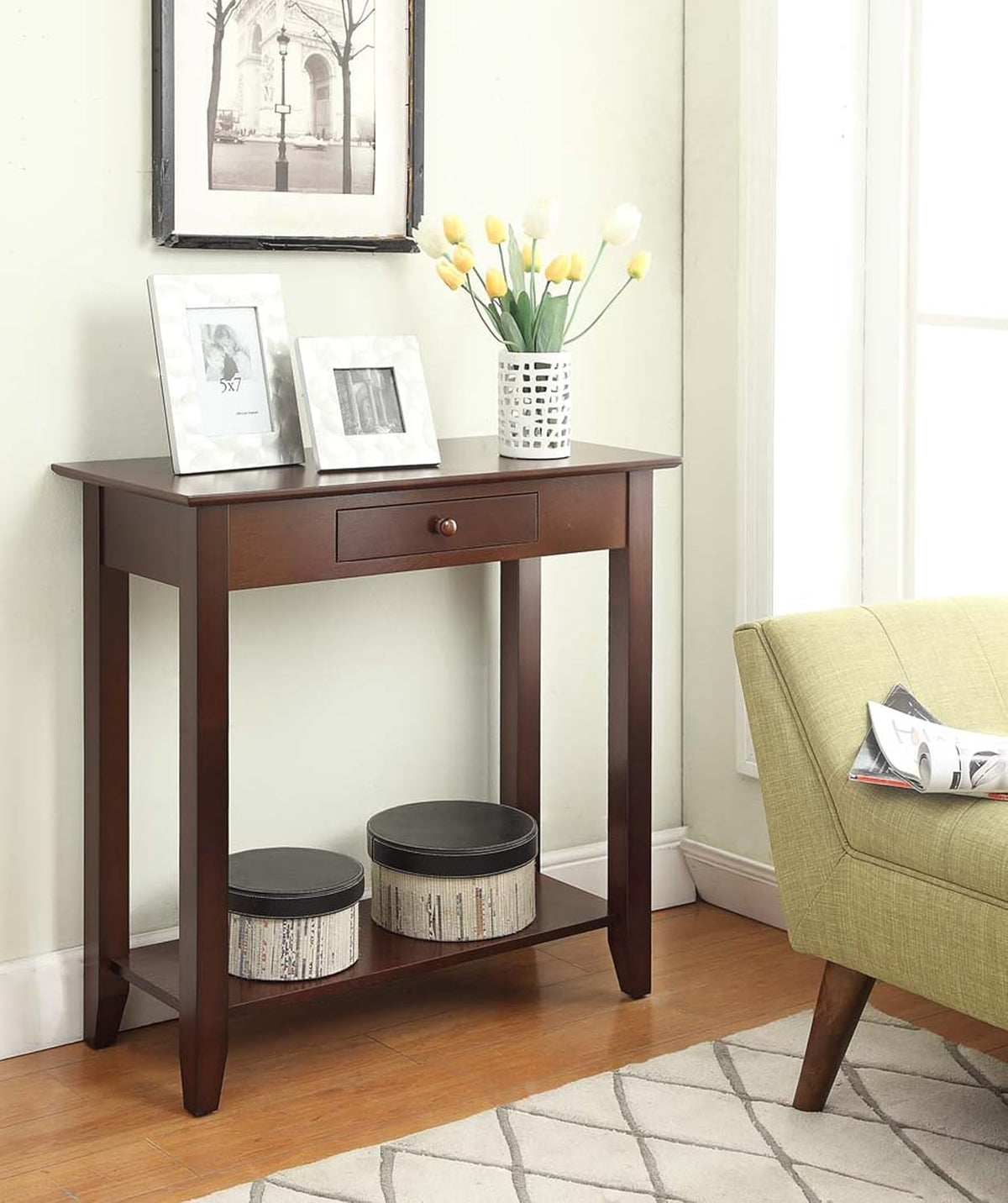 Espresso Hall Table with Drawer and Shelf W758