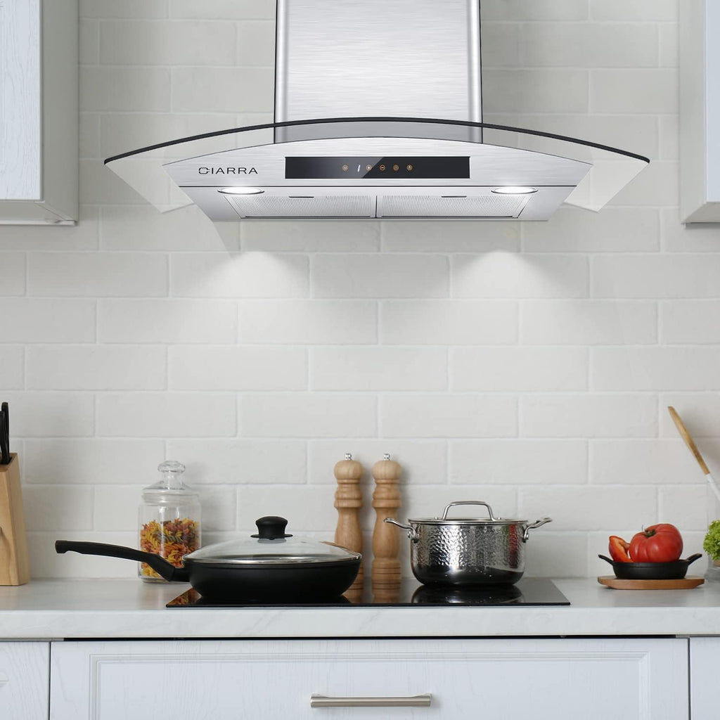 Wall Mount Range Hood 30 inch Stainless Steel Tempered Glass 3 Speed Fan Ductless Convertible F8157