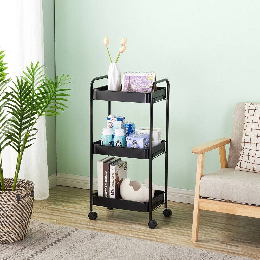 Blue 3-Layer Mobile Utility Trolley with Casters E637537