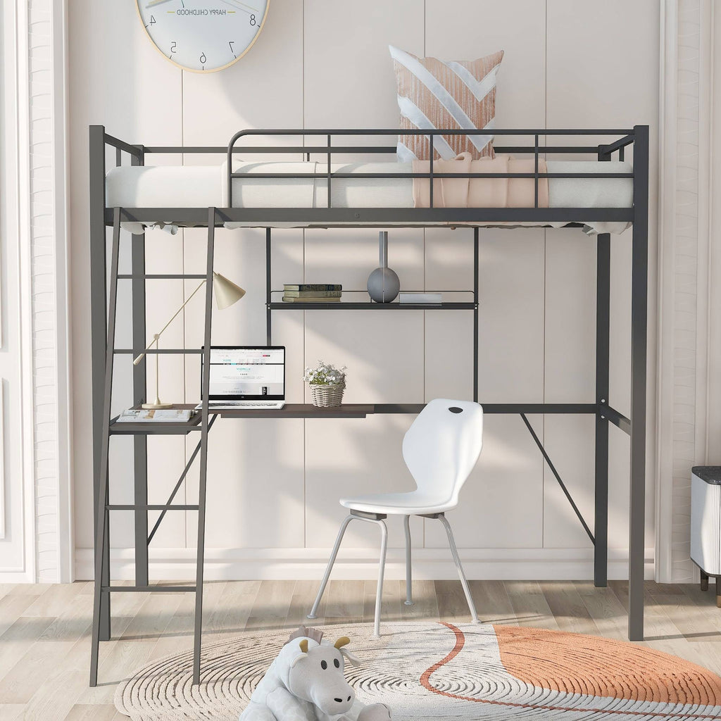 Black Metal Twin Loft Bed with Desk and Shelf E20686