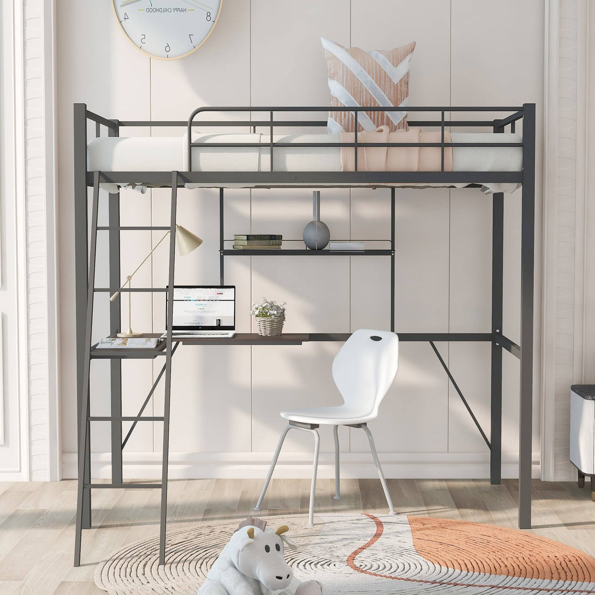 Black Metal Twin Loft Bed with Desk and Shelf E20686