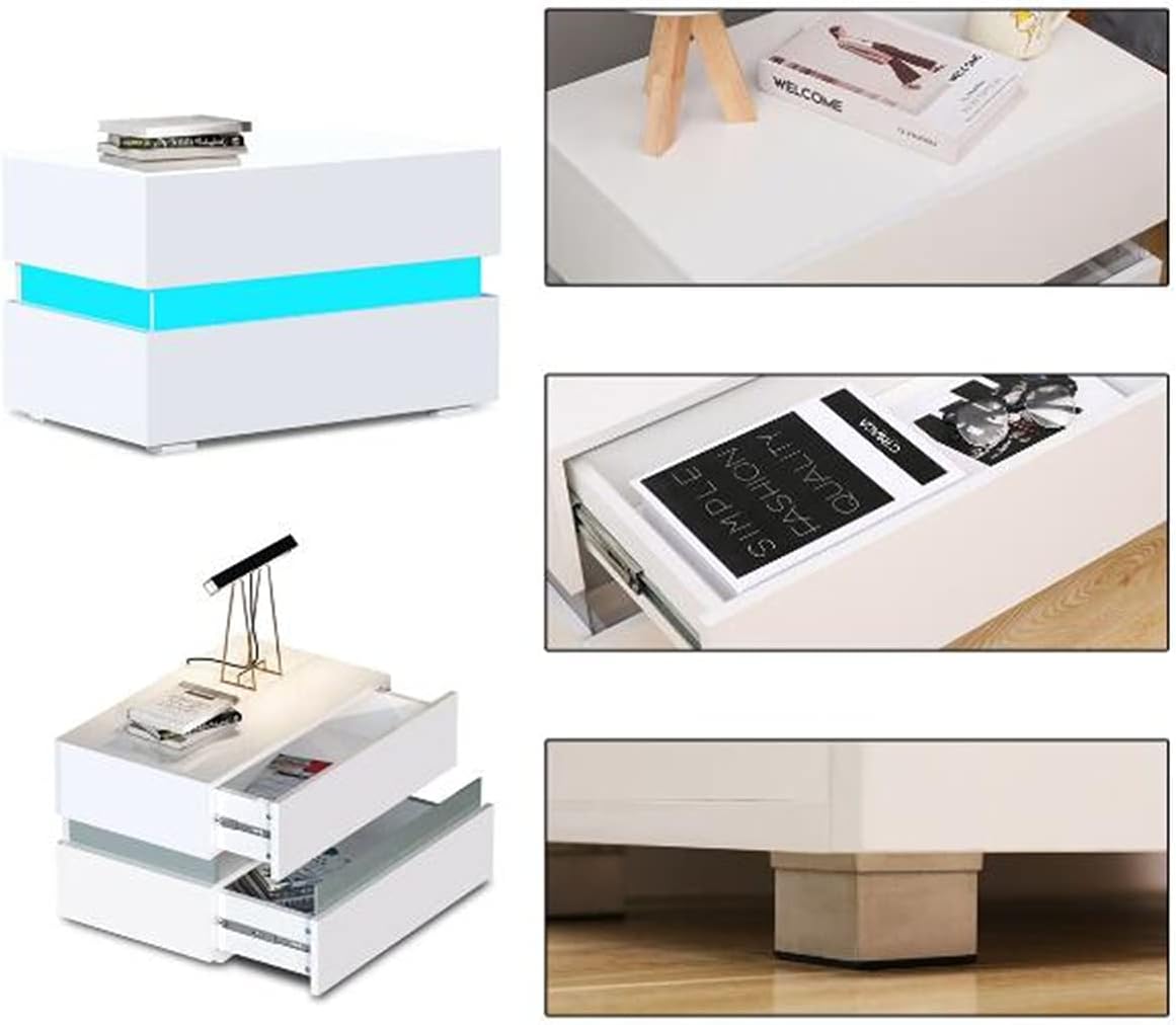 White 2 Drawer LED Nightstand L652010