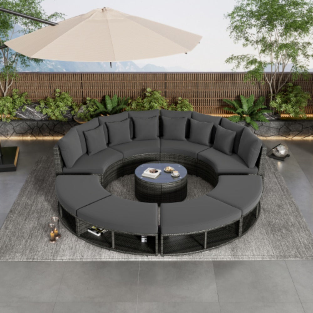 9-Piece Rattan Wicker Outdoor Sofa Set with Tempered Glass Coffee Table K795374