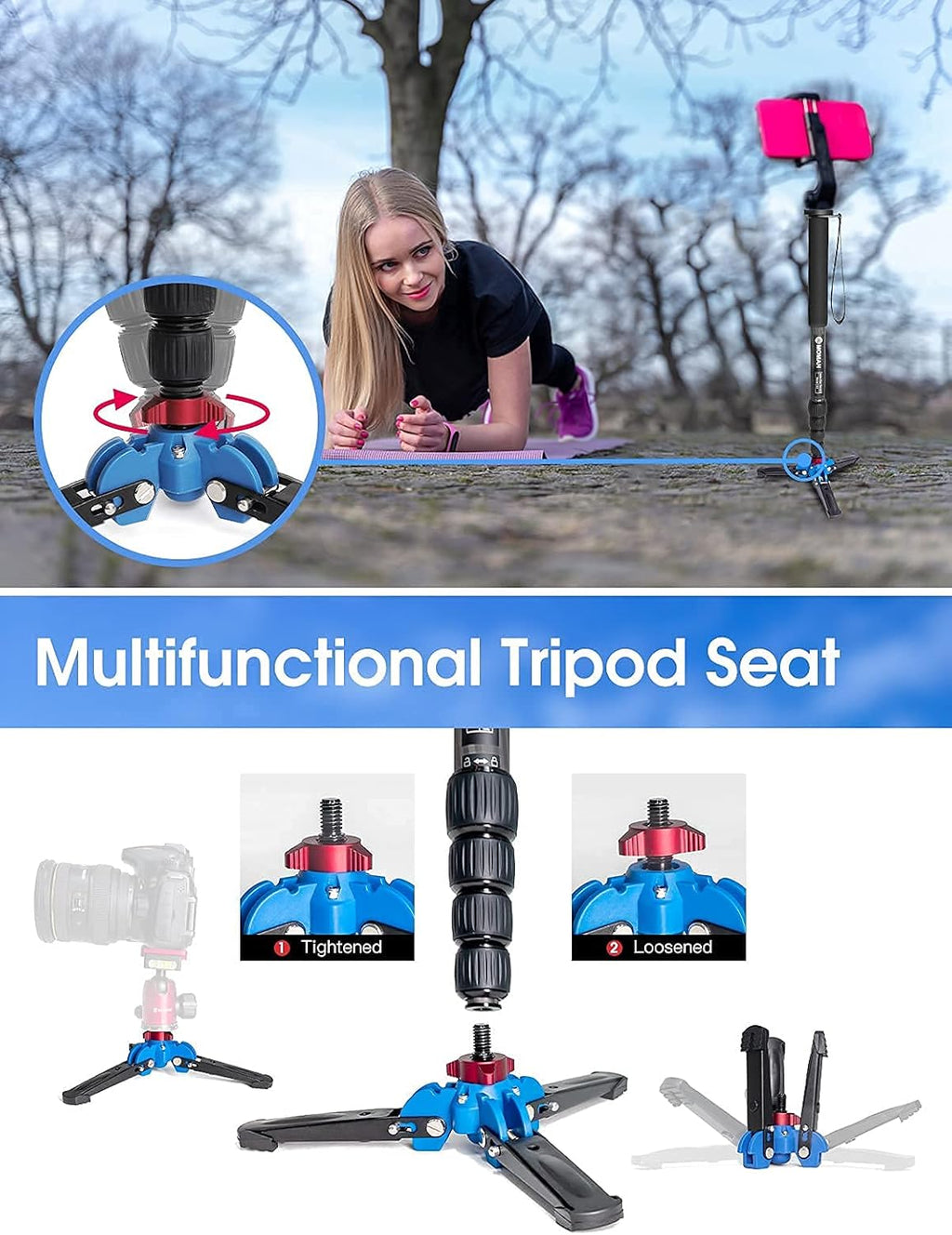 Carbon Fiber Camera Monopod with Removable Base, 5-Section Leg 65” Max. Height N773628