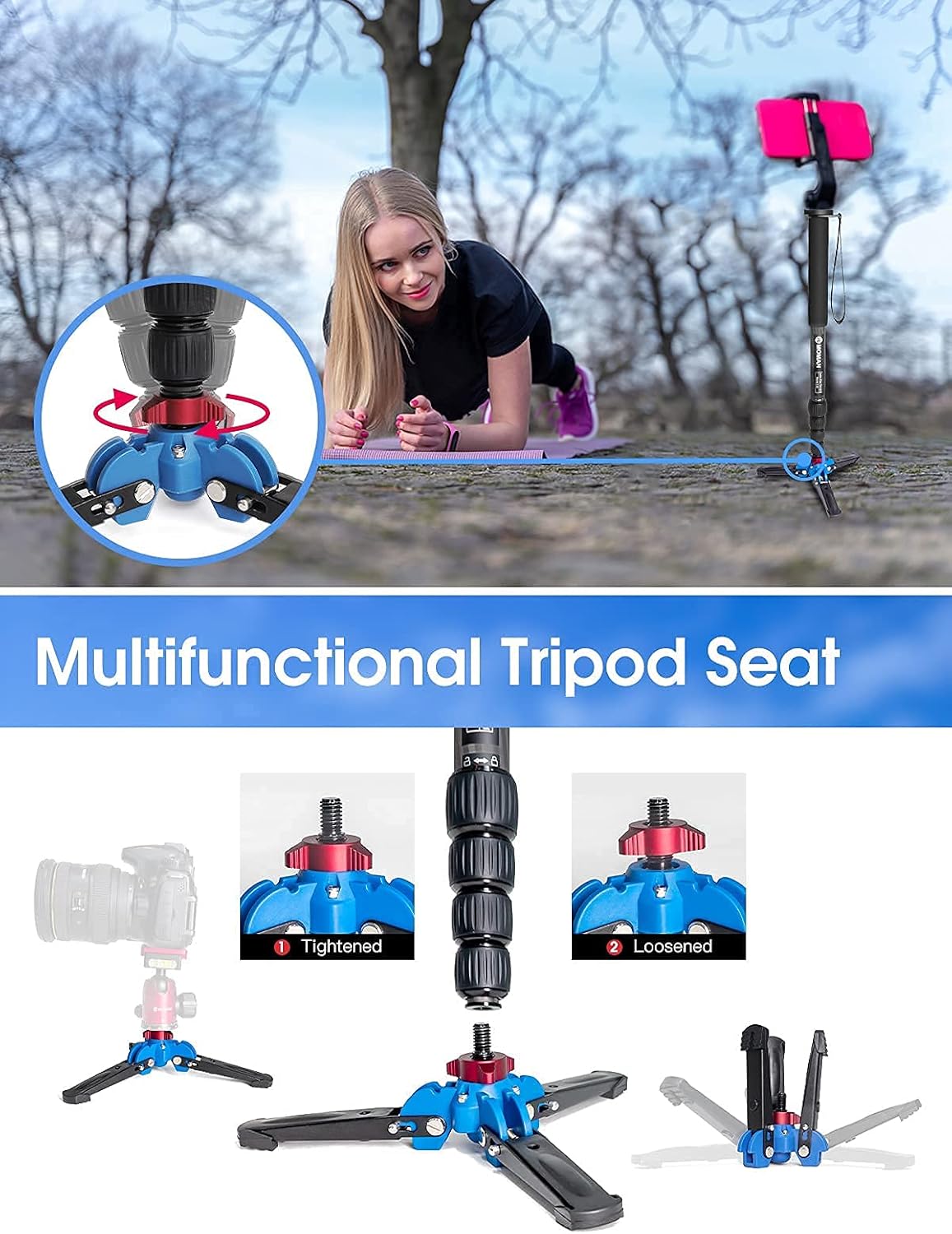 Carbon Fiber Camera Monopod with Removable Base, 5-Section Leg 65” Max. Height N773628