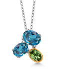 925 Silver 10K Yellow Gold London Blue Topaz Green Tourmaline Pendant Necklace with 18 inch Chain O6198