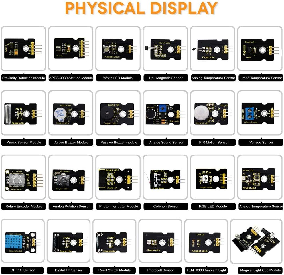 48 Sensors Modules Starter Kit with LCD, 5v Relay, IR Receiver, LED Modules, Servo Motor, PIR, Pressure Sensor, Gas Sensor P588258