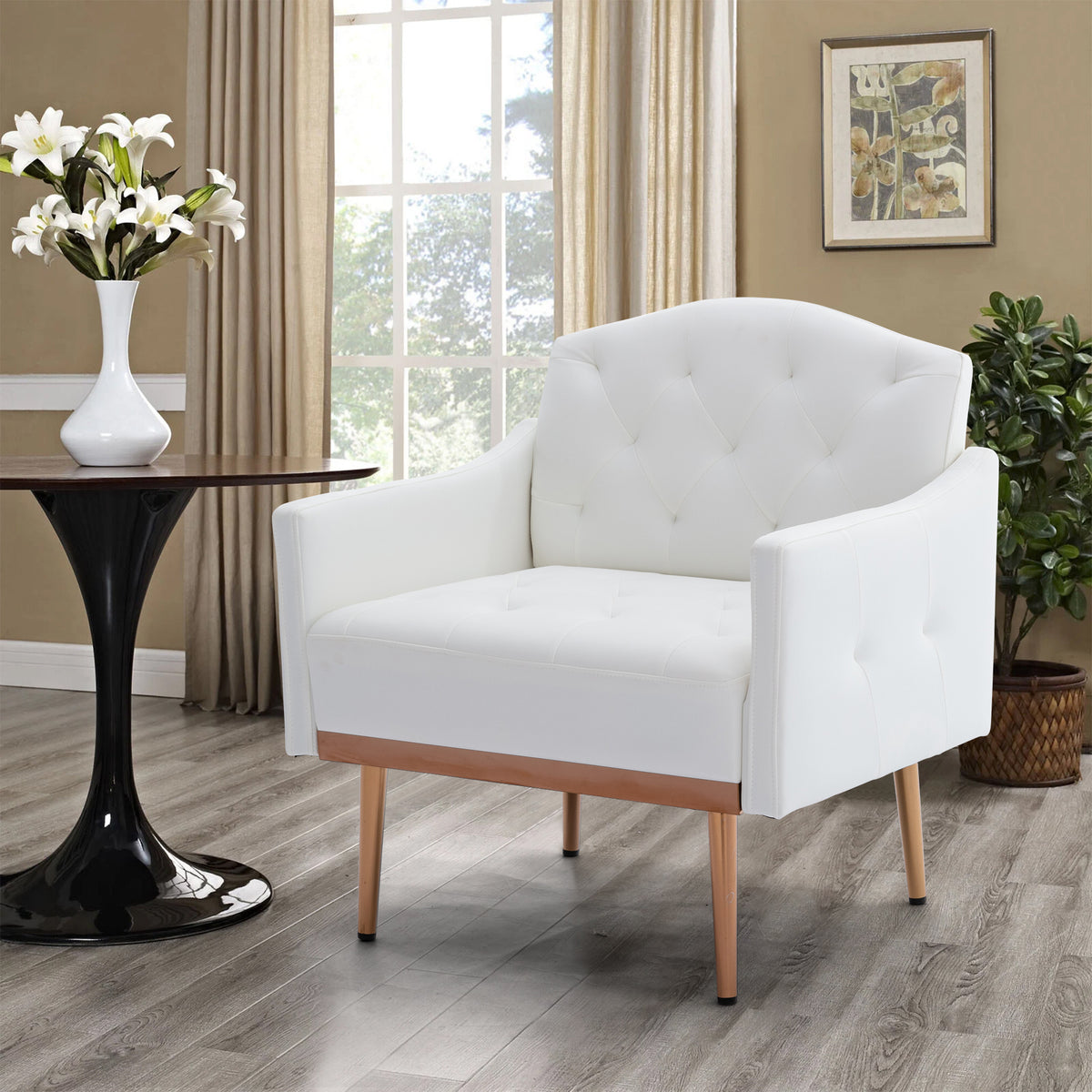 White PU Leather Accent Chair with Golden Metal Legs U15430
