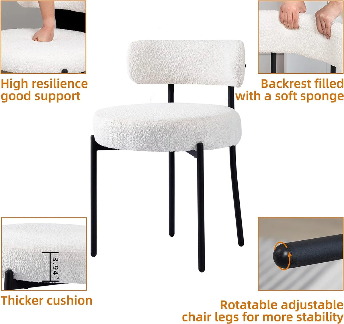 White Boucle Dining Chairs Set of 2 with Black Metal Legs H568