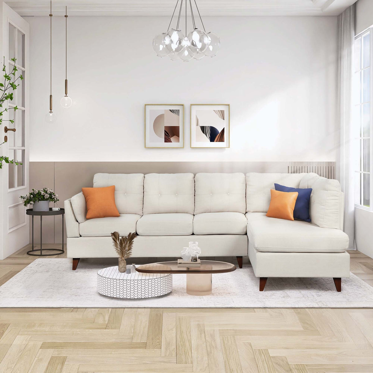 Beige L-Shape Couch with Chaise Lounge E436