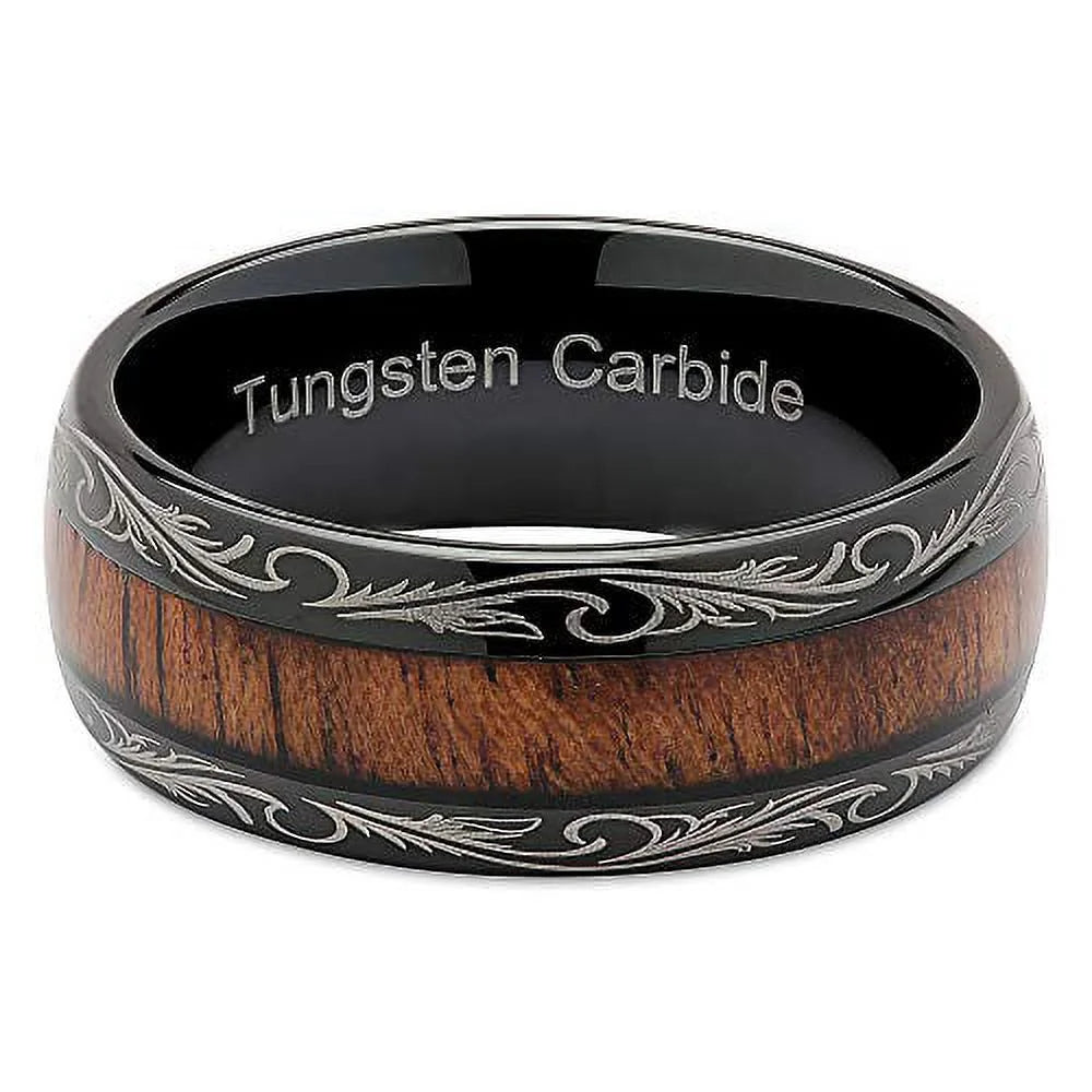 Tungsten Rings with Koa Wood Inlaid Dome Edge Comfort Fit R7491