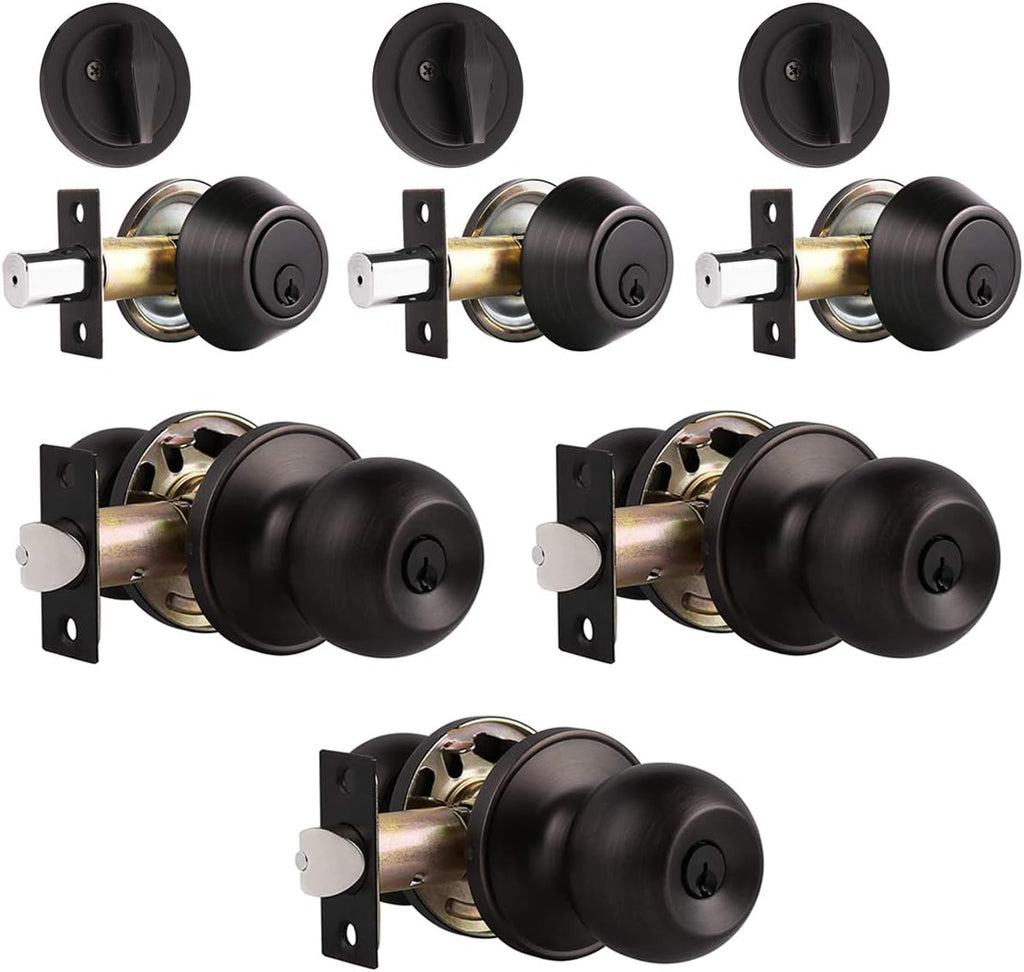 4 Pack Keyed Alike Entry Door Knob and Single Cylinder Deadbolt Lock Set in Oil Rubbed Bronze Finish F927468