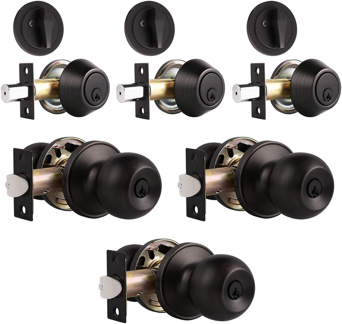 4 Pack Keyed Alike Entry Door Knob and Single Cylinder Deadbolt Lock Set in Oil Rubbed Bronze Finish F927468