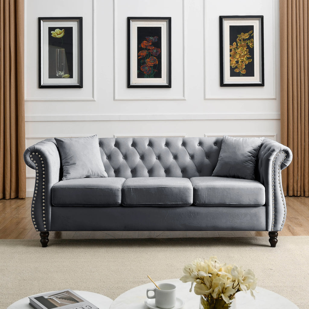 80" Chesterfield Sofa Grey Velvet 3 Seater Tufted Couch with Rolled Arms and Nailhead J15830
