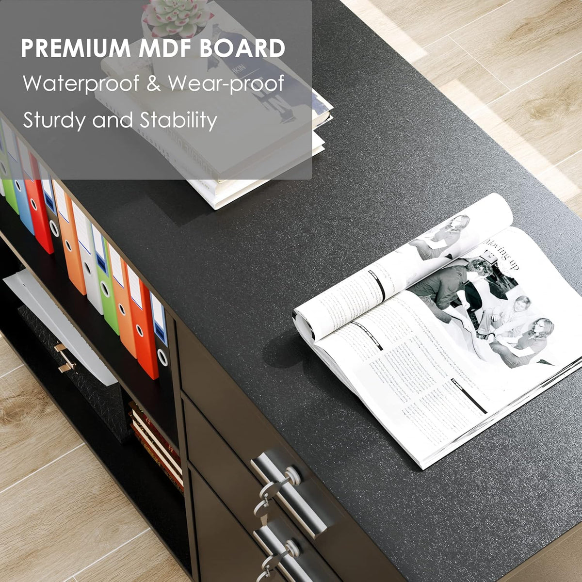 Black Wood Lateral File Cabinet with 3 Drawers and Lock W2615