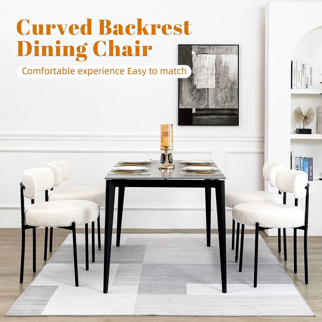 White Boucle Dining Chairs Set of 2 with Black Metal Legs H568