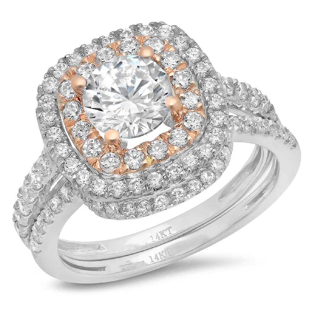 14K White Rose Gold Halo Engagement Ring Set F9773
