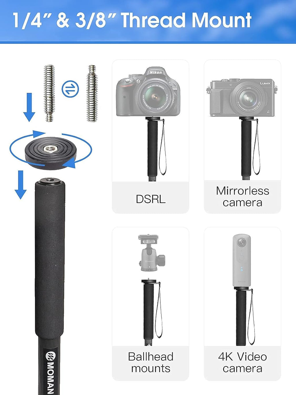 Carbon Fiber Camera Monopod with Removable Base, 5-Section Leg 65” Max. Height N773628