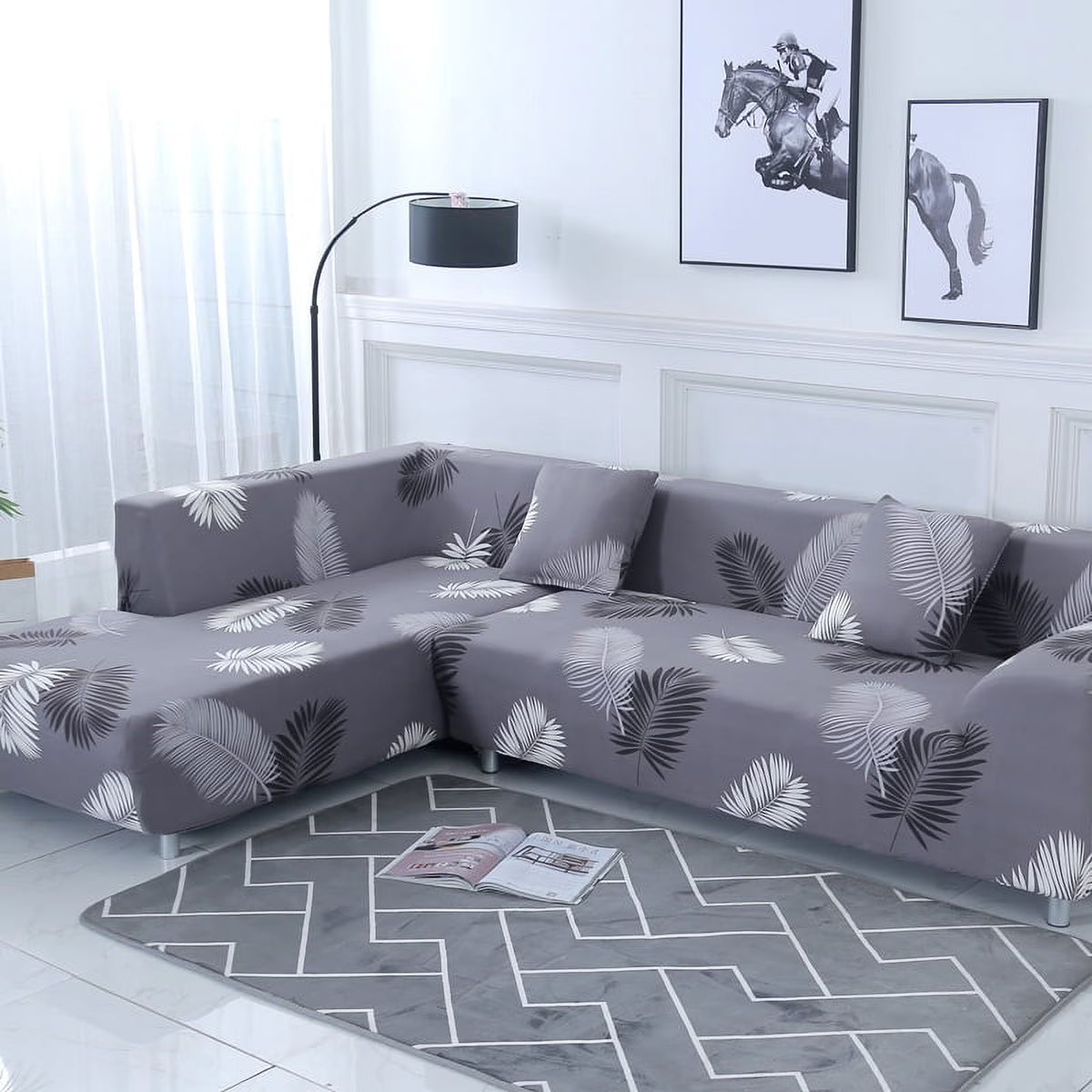 2 Piece L Shaped Sectional Couch Covers with 2pcs Pillowcases, Black, 3 Seater+4 Seater W914247